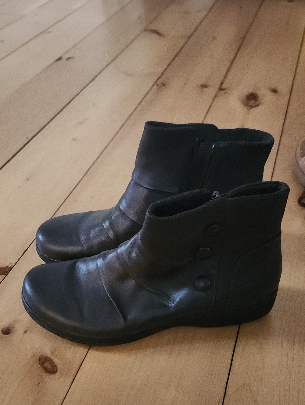 Clarks Black Leather Ankle Booties with Button Detail